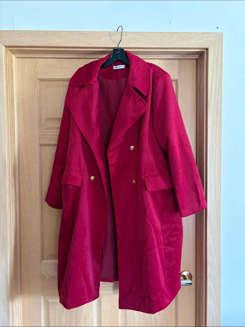 Grace Karin Crimson Double-Breasted Trench Coat with Gold Buttons